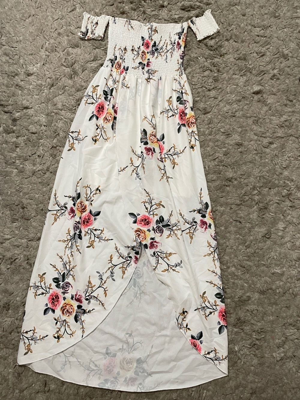 White Floral Off-Shoulder Maxi Dress with Pink Roses